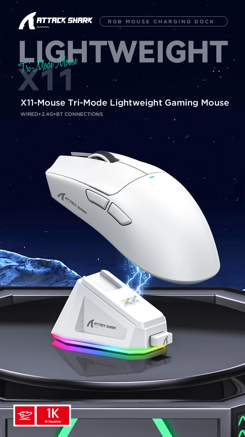 Attack Shark X11 Wireless Mouse,Tri-Mode Connection 2.4GHz/Wired/Bluetooth PAW3311 22000DPI 400IPS RGB  PC Gaming Mouse