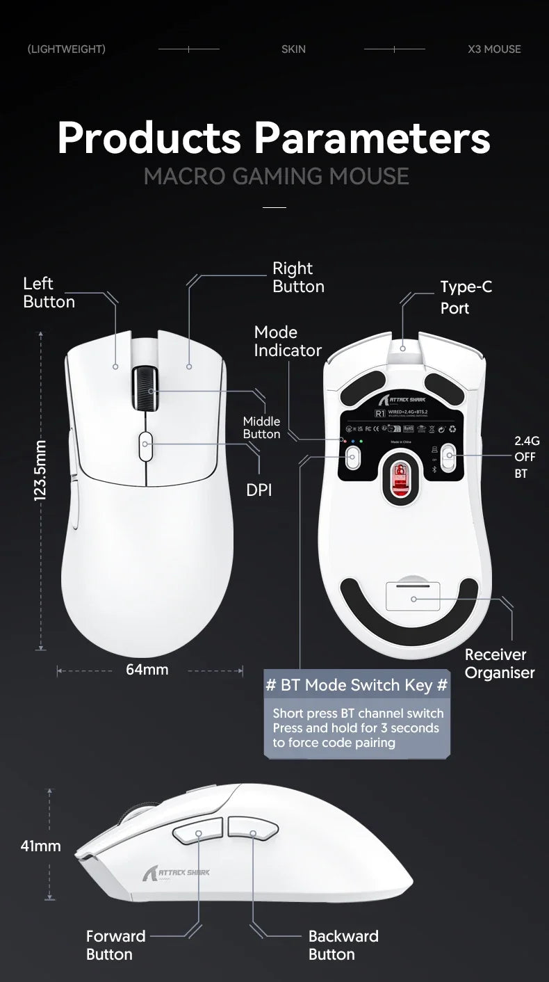 Attack Shark R1 Wireless gamer mouse,PAW3311 1KHZ 18000dpi,Bluetooth Mouse, Macro Gaming Mouse,mouse pad/pc