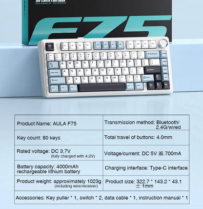 AULA F75 Mechanical Keyboard Wired/2.4G Wireless/Bluetooth RGB PBT 75% Layout OEM Profile Gasket Customized Pc Gaming Keyboard