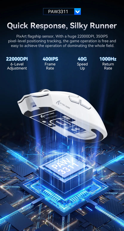 Attack Shark X11 Wireless Mouse,Tri-Mode Connection 2.4GHz/Wired/Bluetooth PAW3311 22000DPI 400IPS RGB  PC Gaming Mouse