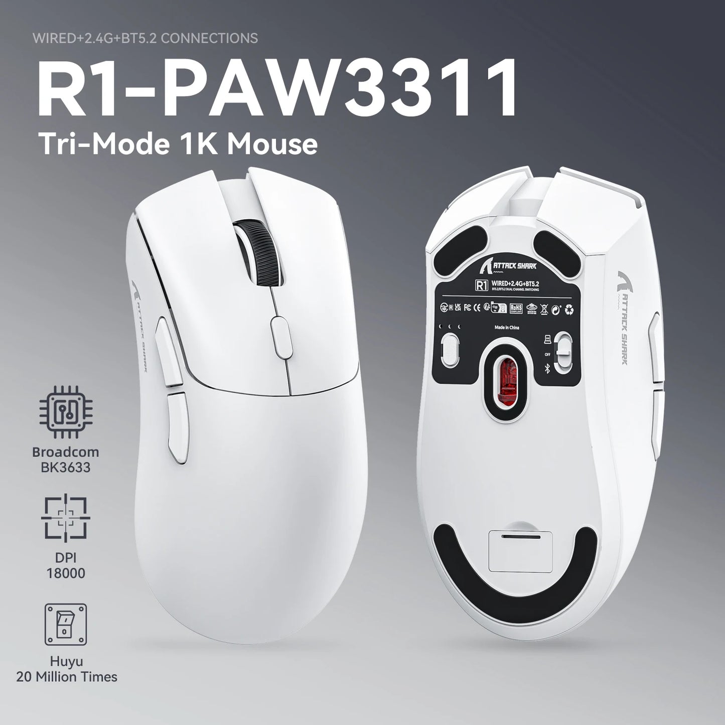 Attack Shark R1 Wireless gamer mouse,PAW3311 1KHZ 18000dpi,Bluetooth Mouse, Macro Gaming Mouse,mouse pad/pc