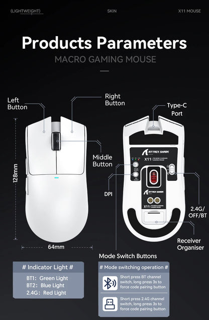 Attack Shark X11 Wireless Mouse,Tri-Mode Connection 2.4GHz/Wired/Bluetooth PAW3311 22000DPI 400IPS RGB  PC Gaming Mouse