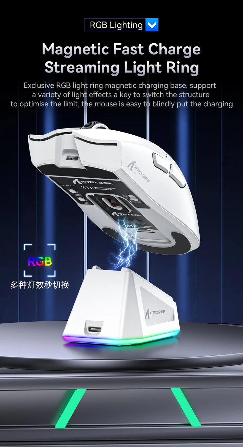 Attack Shark X11 Wireless Mouse,Tri-Mode Connection 2.4GHz/Wired/Bluetooth PAW3311 22000DPI 400IPS RGB  PC Gaming Mouse