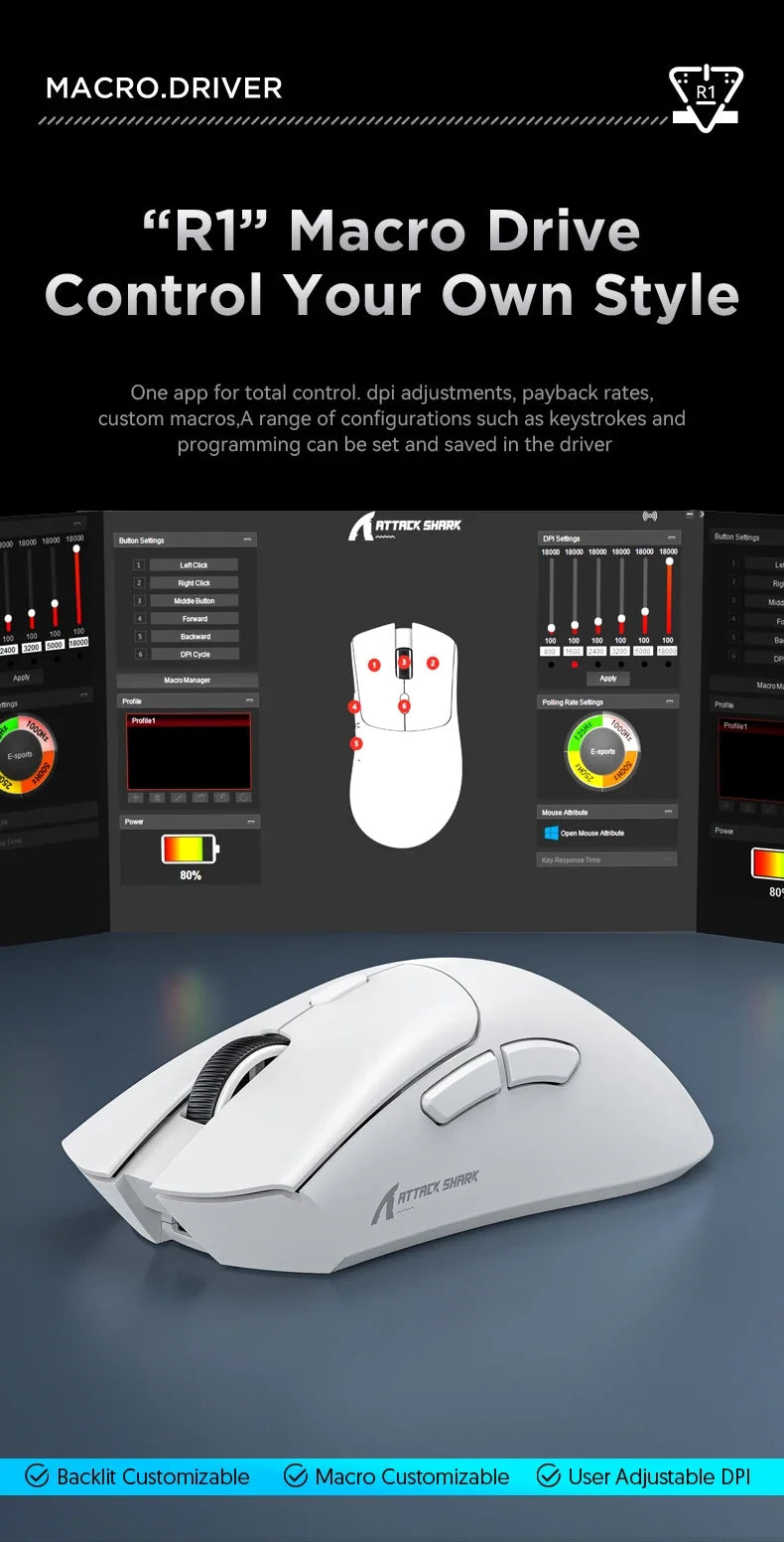 Attack Shark R1 Wireless gamer mouse,PAW3311 1KHZ 18000dpi,Bluetooth Mouse, Macro Gaming Mouse,mouse pad/pc